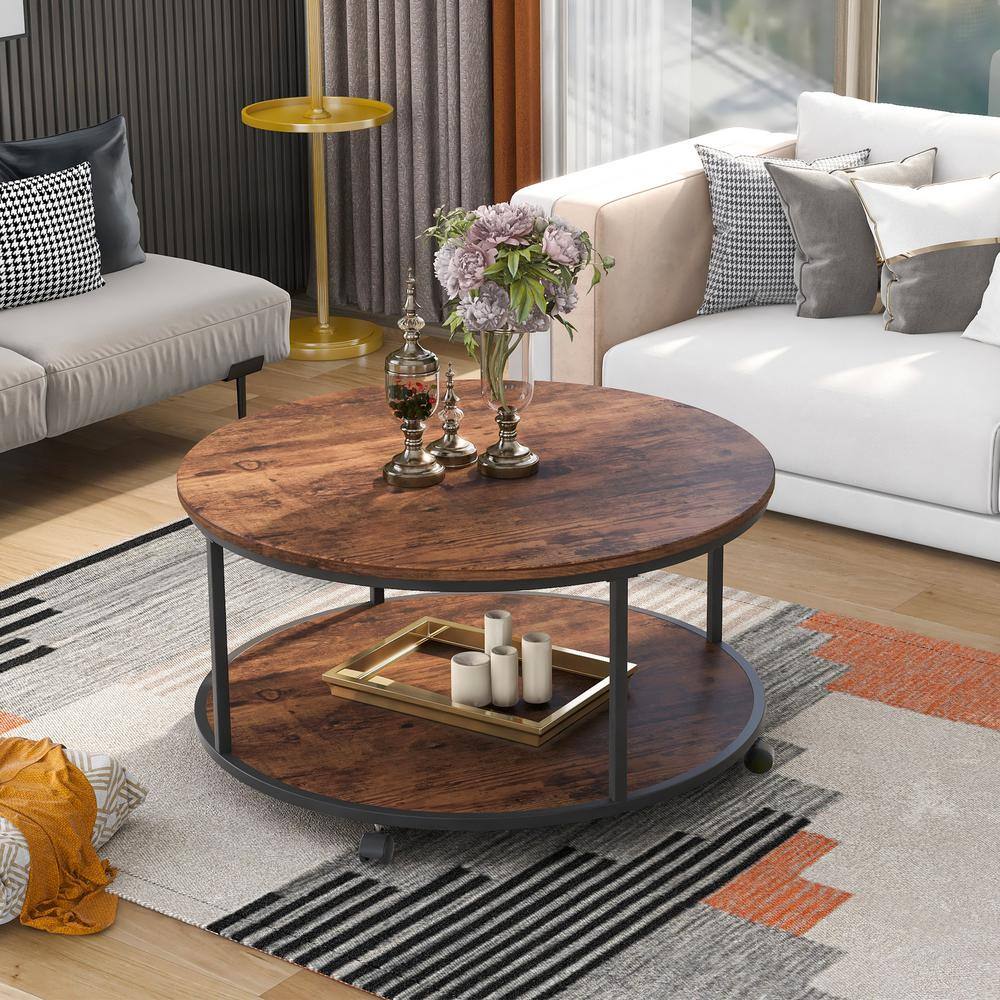 Owl & Trowel Ltd. - Round Coffee Table  Greige With a mix of rustic Greige  engineered wood and matte black metal, this circular coffee table gives  your living room a look