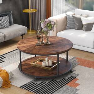 35.5 in. Rustic Brown Round Wooden Coffee Table with Caster Wheels and Wood Textured Surface
