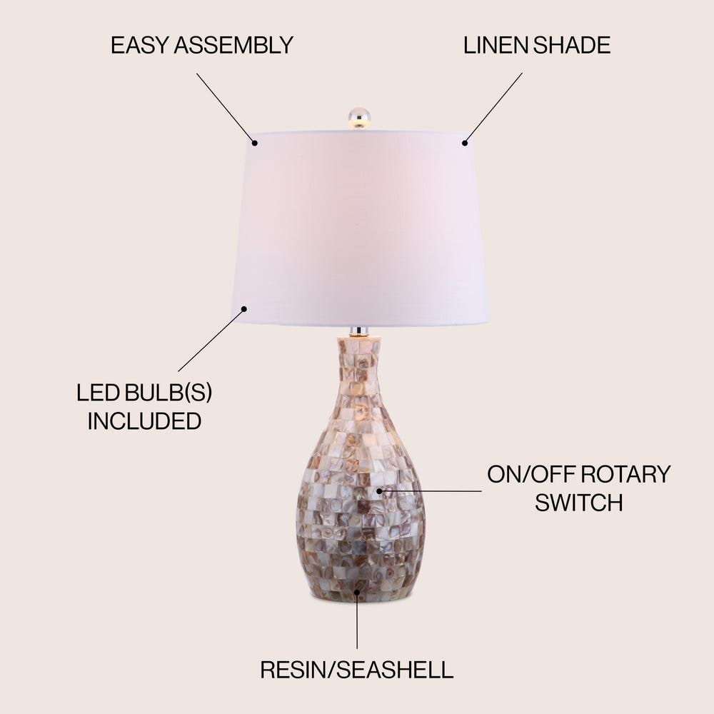Ivory and Beige Capiz Shell Mosaic Table Lamp with White Linen Shade