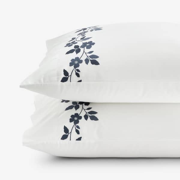 The Company Store Legends Hotel Embroidered Leaf Egyptian Navy Cotton Percale King Pillowcase (Set of 2)