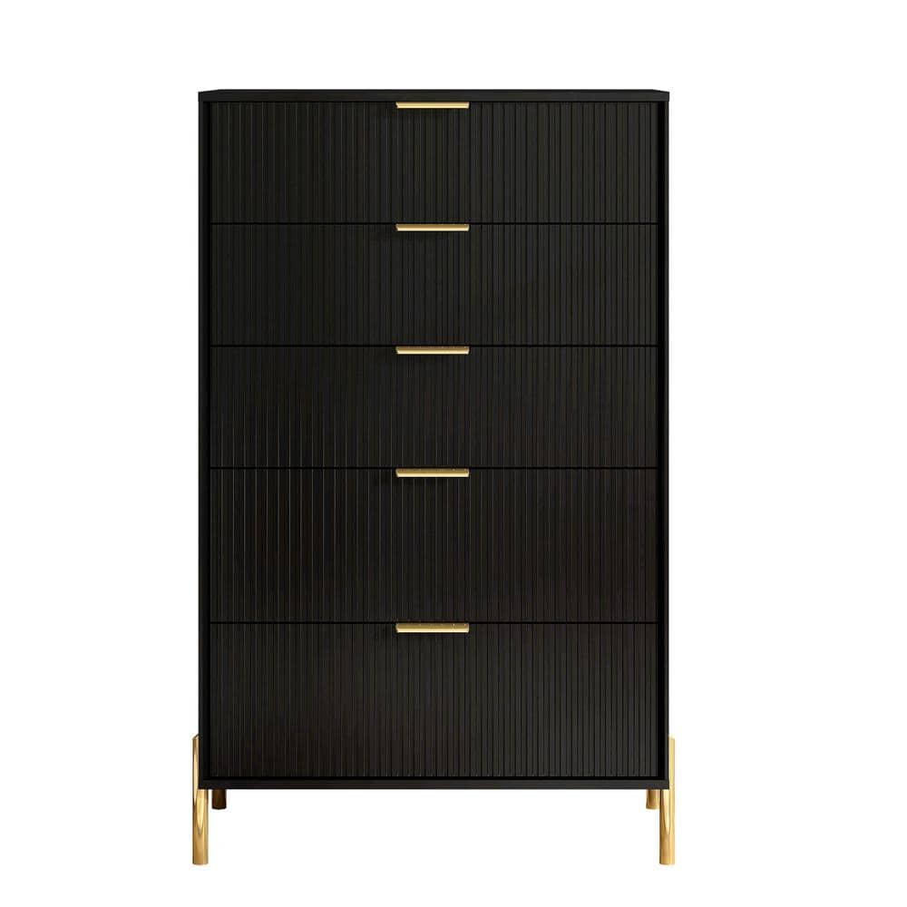 Black Vertical 5-Drawer Dresser Chest with Gold Handles