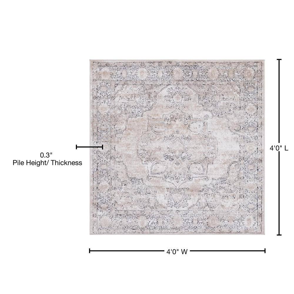 Modern Elegance Ivory & Gray Square Synthetic Area Rug, 4' x 4'