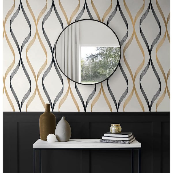 Metallic Gold and Ebony Wave Ogee Unpasted Nonwoven Wallpaper Roll 57.5 sq. ft.