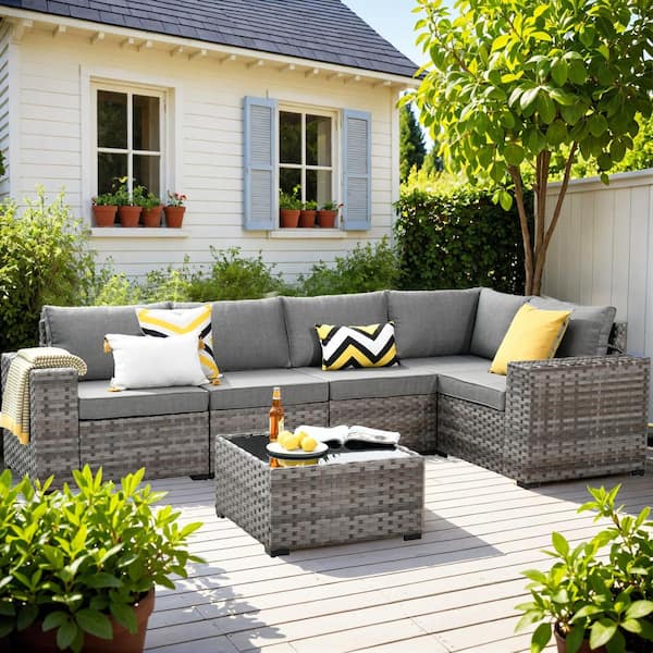 XIZZI Beatrice 6-Piece Wicker Outdoor Sectional Set with Dark Gray Cushions