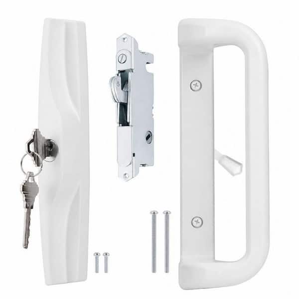 1-Piece Sliding Glass Door Handle Set in White, Lock and Key Included, Fits 3-15/16 in. Screw Holes, Keyed Mortise Lock