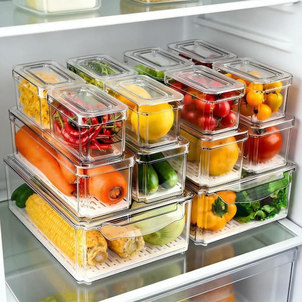 14 Piece Clear Fridge Organizer with Drain Tray Keep Produce Fresh BPA-Free Refrigerator Food Storage Container Set