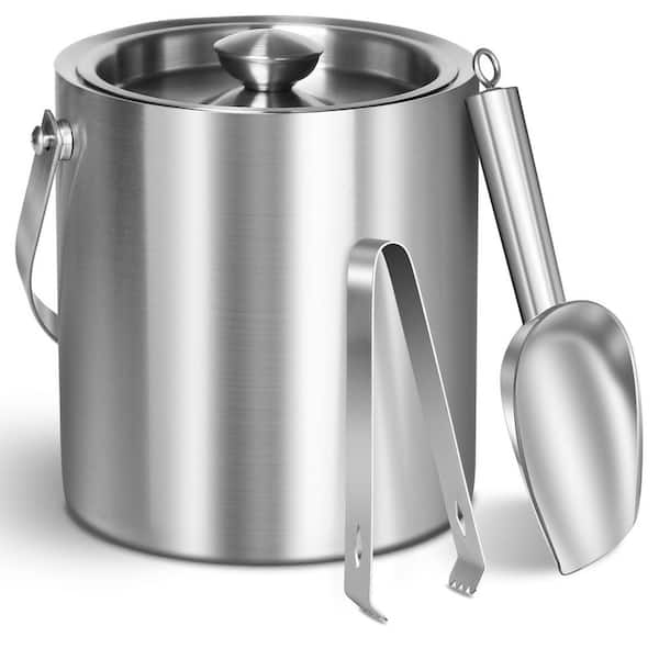 5.7 in. 2.8 qt. Silver Stainless Steel Ice Bucket with Lid & Tong, Ideal for Cocktail Bar, Chilling Wine, Champagne