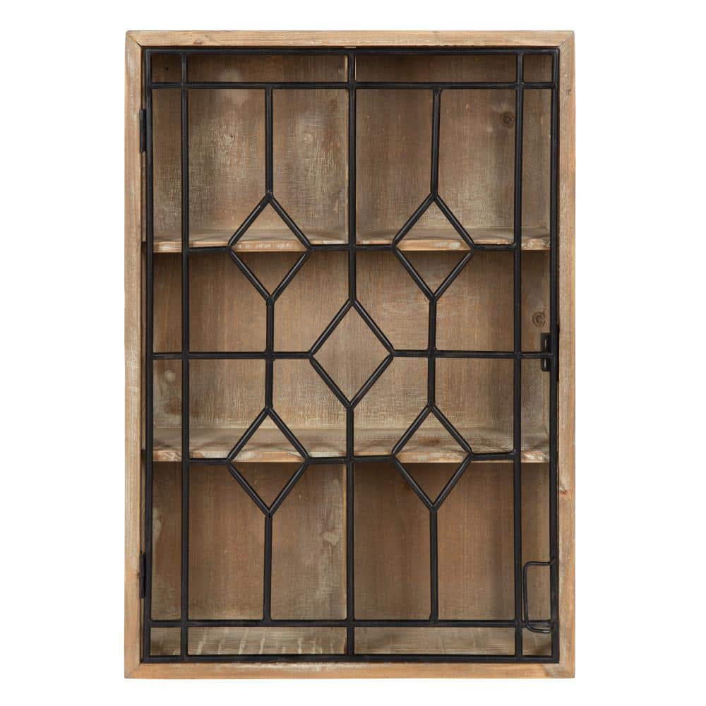 Rustic Brown Wooden Curio Cabinet with Lighted Black Iron Door