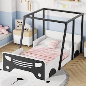 Black Wood Frame Twin Size Car-shaped Platform Bed with Roof, Wheels and Door Design, Guardrails