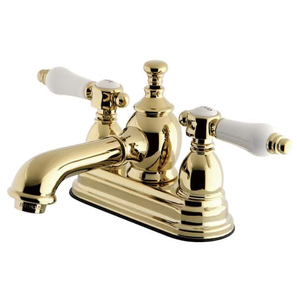 Kingston Brass Vintage Porcelain 4 in. Centerset 2-Handle Mid-Arc Bathroom Faucet in Polished Brass