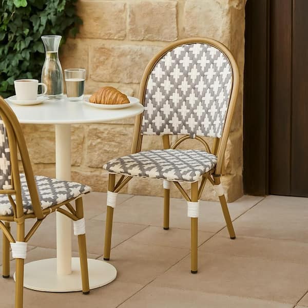 Brown Aluminum Outdoor Bistro Dining Chair in Gray and White Set of 2