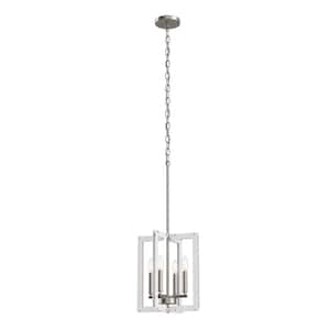 Pendroy 4-Light Brushed Nickel with White Industrial Cage Foyer Pendant Hanging Light