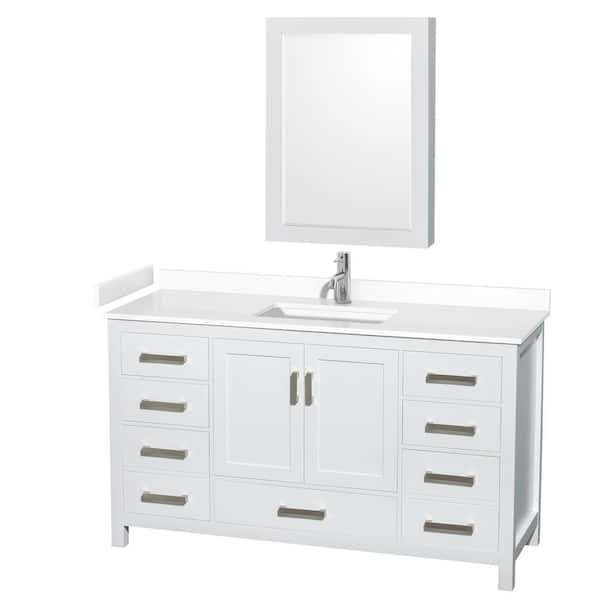 Wyndham Collection Sheffield 60 in. W x 22 in. D x 35 in. H Single Bath Vanity in White with White Cultured Marble Top and MC Mirror
