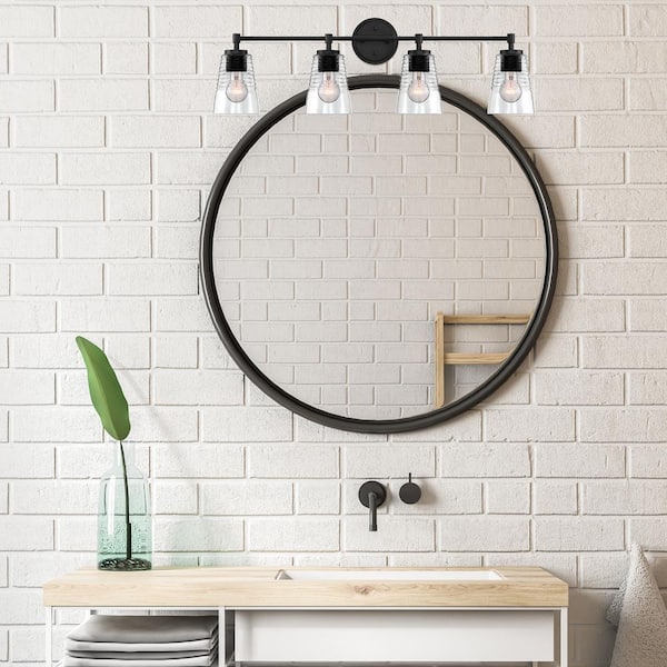 Designers Fountain Ingo 33.5 in. 4-Light Matte Black Modern Vanity Light with Clear Ribbed Glass Shades