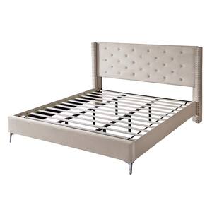 Cream Modern Fort California King Wood Platform Bed Frame No Box Spring Needed with Upholstered Headboard