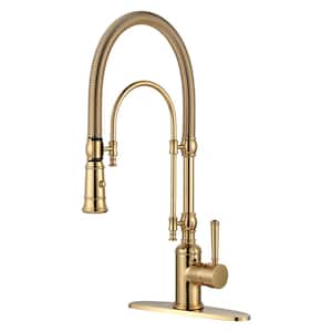 Single-Handle Wall Mount Gooseneck Pull Down Sprayer Kitchen Faucet with Deckplate Not Included and in Brushed Gold