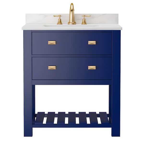 FAMYYT 30 in. W x 19 in. D x 36.6 in. H Fully Assembled Single Sink Freestanding Bath Vanity in Blue with White Marble Top