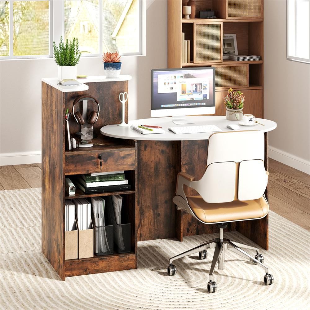 54 in. Modern White + Rustic Brown Reception Desk Front Counter Desk w/ Oval Tabletop Lockable Drawer, Adjustable Shelf