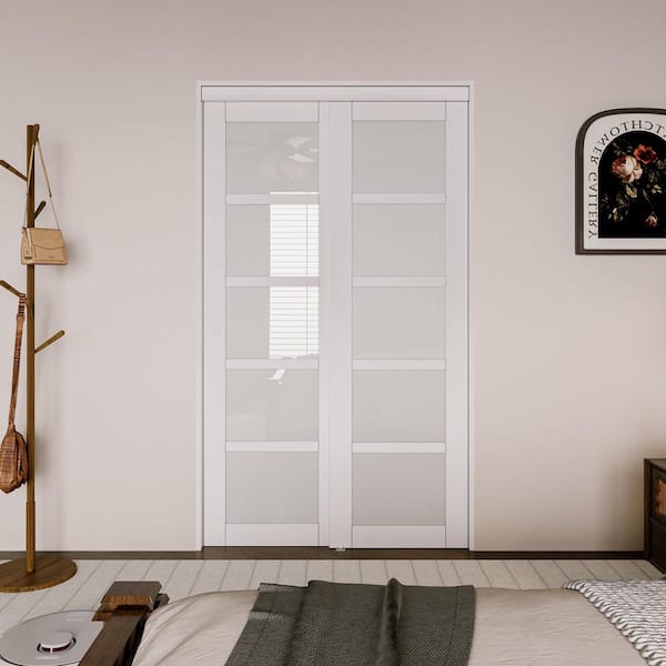 48 in. x 80 in. 5-Lite White Tempered Frosted Glass Closet Sliding Door with Hardware