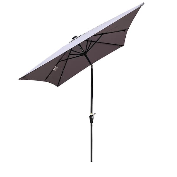 GAWEZA 10 ft. x 6.5 ft. Metal Market Solar Tilt Patio Umbrella in Light Gray with Solar Led Lights and Crank