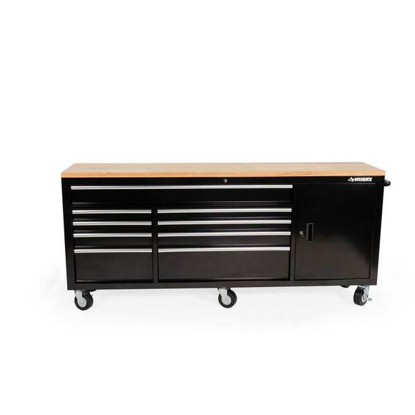 Husky 84 in. W x 18 in. D 9-Drawer Mobile Workbench with Wood Top in Gloss Black