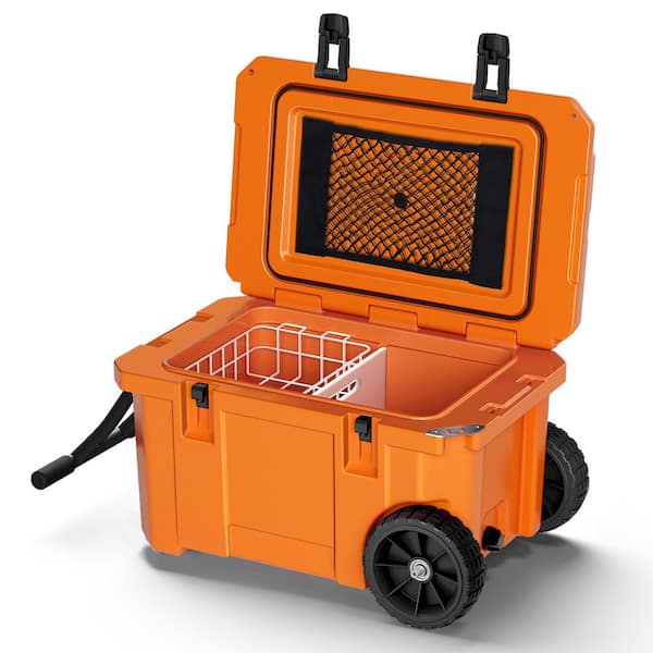 27.5 in. 55 qt. Cooler with Wheels, Warming Drawer, Leak-Proof Outdoor Insulated Cooler with Handle, Cup Holders, Orange