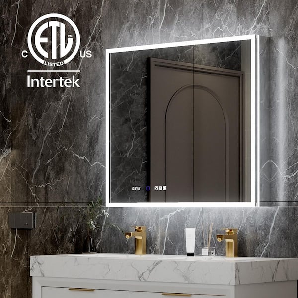 36 in. W x 32 in. H Large Rectangular Silver LED Defogged Aluminum Recessed/Surface Mount Medicine Cabinet with Mirror