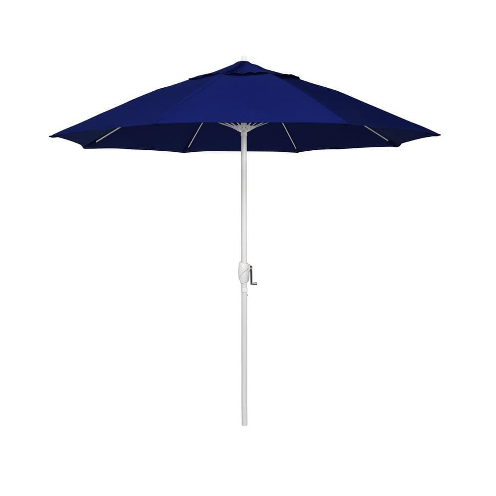 California Umbrella 7.5 ft. Matted White Aluminum Market Patio Umbrella Fiberglass Ribs and Auto Tilt in True Blue Sunbrella