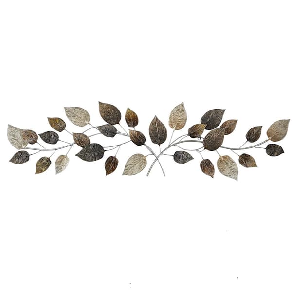 Large Metal Silver and Bronze Textured Leaf Wall Decor, 50 x 15