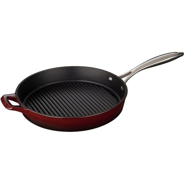 La Cuisine 12 in. Cast Iron Round Grill Pan with Ruby Enamel