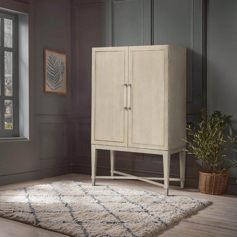 Light Oak and Glass Bar Cabinet with Adjustable Shelves