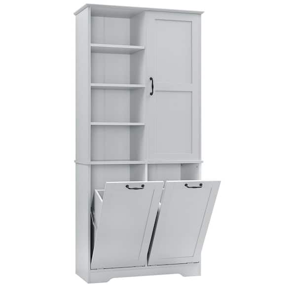 31 in. W x 14 in. D x 68 in. H Gray Wood Linen Cabinet Storage Cabinet with Tilt-Out Laundry and Adjustable Shelf