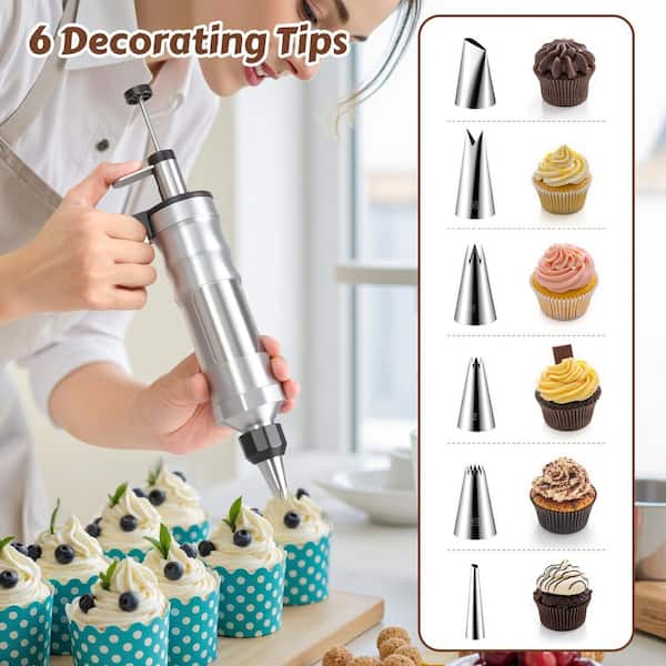 Six interchangeable metal icing nozzle designs shown next to decorated cupcakes