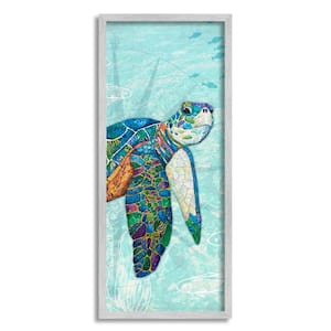 Sea Turtle Underwater Ocean Mosaic Style Collage Design by Lisa Morales Framed Animal Art Print 30 in. x 13 in.