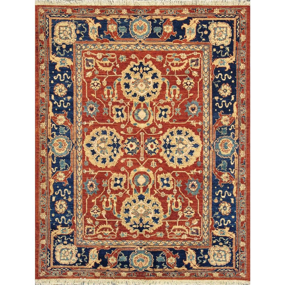 Pasargad Home Nomad Art Rust/Navy 5 ft. x 7 ft. Floral Lamb's Wool Area Rug, Red -  025295
