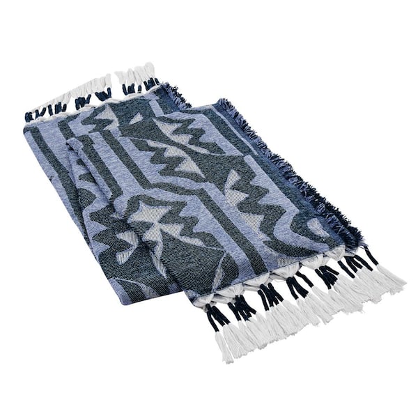 MAKERS COLLECTIVE Profil Blue Geometric Woven Polyester Fringed Throw Blanket