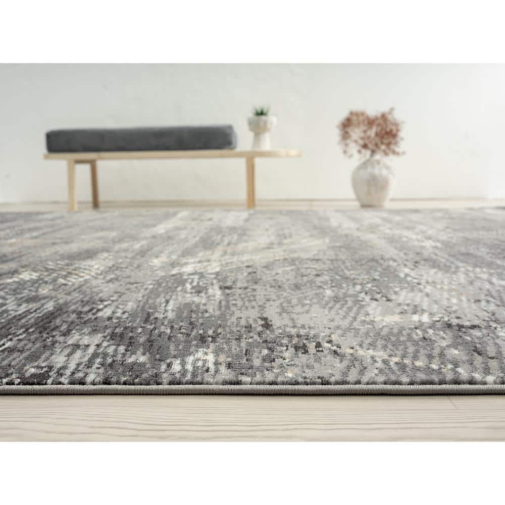 Gray and Black Abstract Rectangular Synthetic Area Rug
