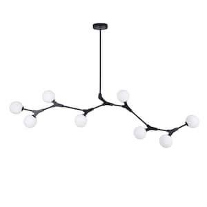 8-Light Black Modern Linear Chandelier with White Glass Shade (No Bulbs Included)