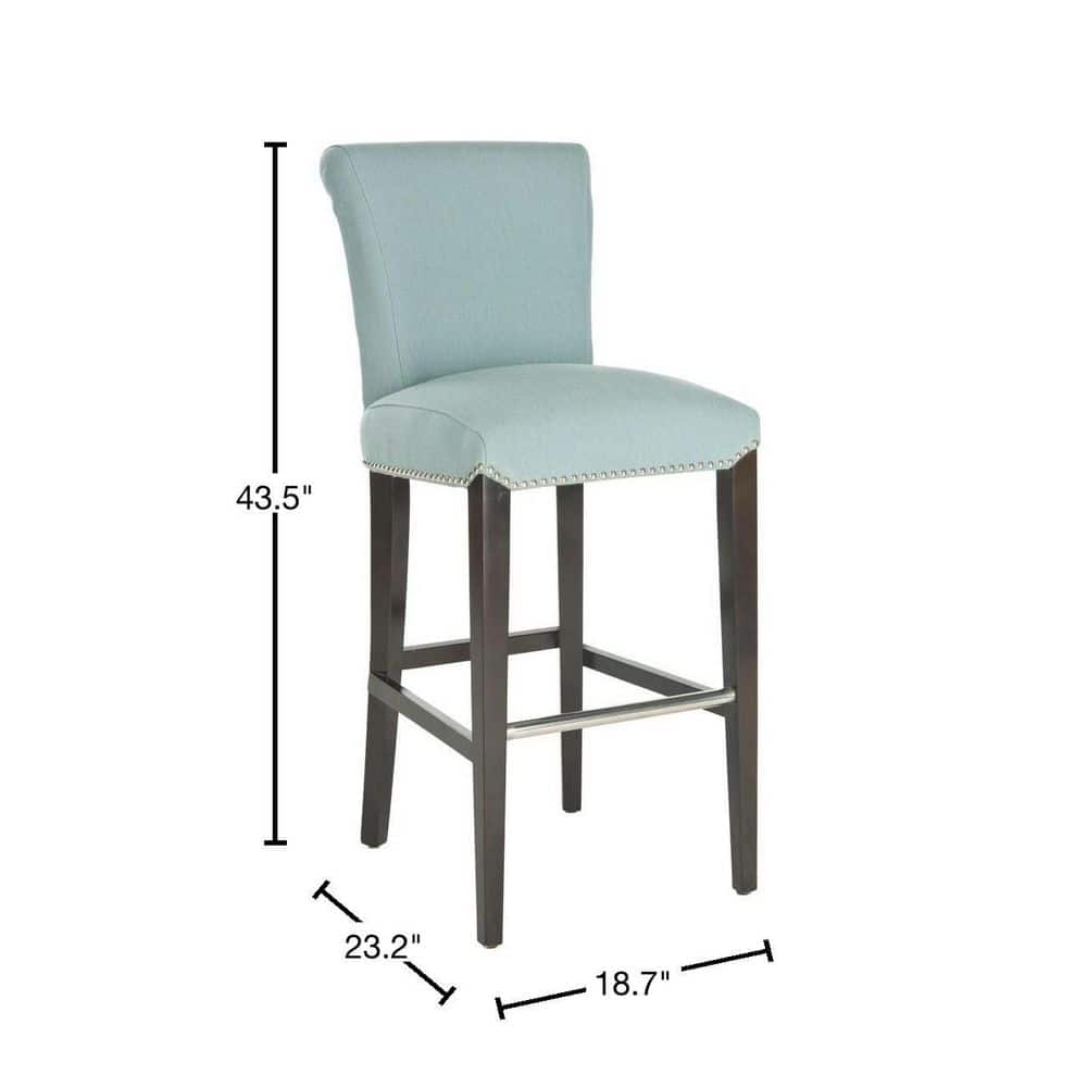 Transitional Sky Blue Leather & Wood Bar Stool with Metal Accents