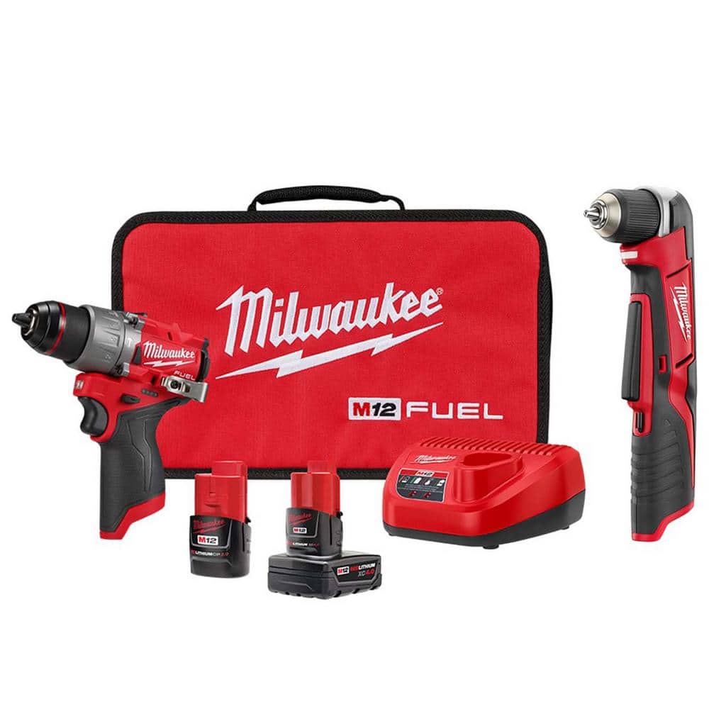 Milwaukee M12 FUEL 12V Lithium-Ion Brushless Cordless 1/2 in. Hammer Drill Kit w/M12 3/8 in. Right Angle Drill