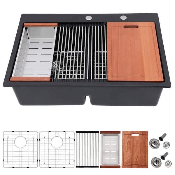 33" x 22" Drop-In Matte Black Quartz 50/50 Double Bowl Workstation Kitchen Sink Granite Composite Basin with Accessories