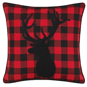 Cabin Plaid Stag Head Red 1-Piece 20 in. x 20 in. Cotton Blend Throw Pillow