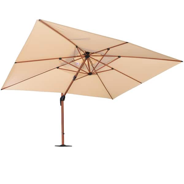 PURPLE LEAF 10 ft. x 13 ft. High-Quality Aluminum Wood Pattern Patio Umbrella Cantilever Umbrella with Base Plate, Beige
