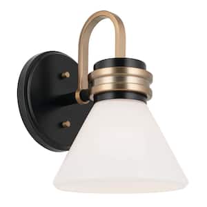 Farum 9.5 in. 1-Light Black with Champagne Bronze Bathroom Wall Sconce Light with Opal Glass Shade