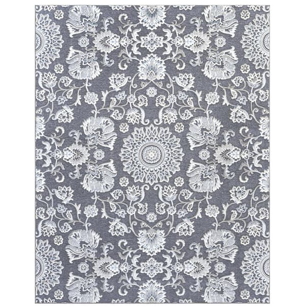 Sams International Napa Lily Gray/Ivory/Blue 5 ft. 3 in. x 7 ft. 6 in. Floral Chenille and Viscose Area Rug