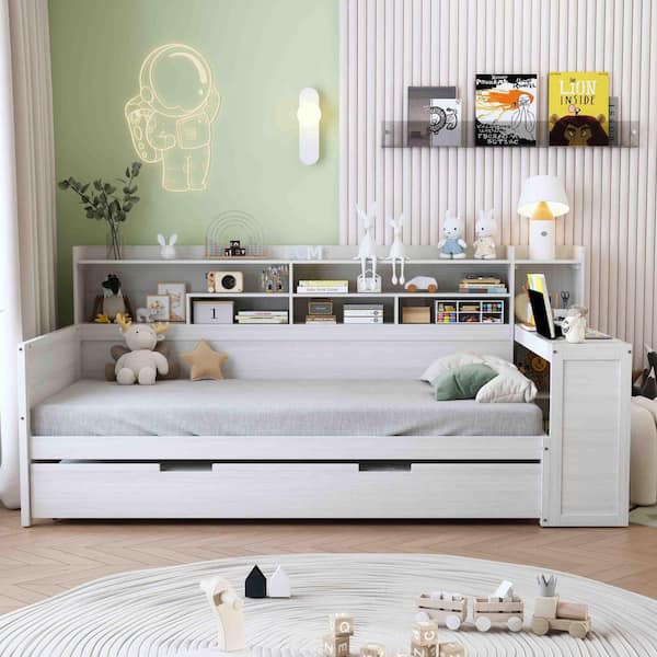 Antique White Twin Daybed with Storage Shelves, Twin Size Trundle Bed and Study Desk