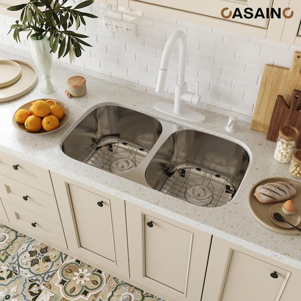 CASAINC 32 in. Undermount Double Bowl 18 Gauge Brushed Stainless Steel Kitchen Sink with Bottom Grid and Basket Strainer