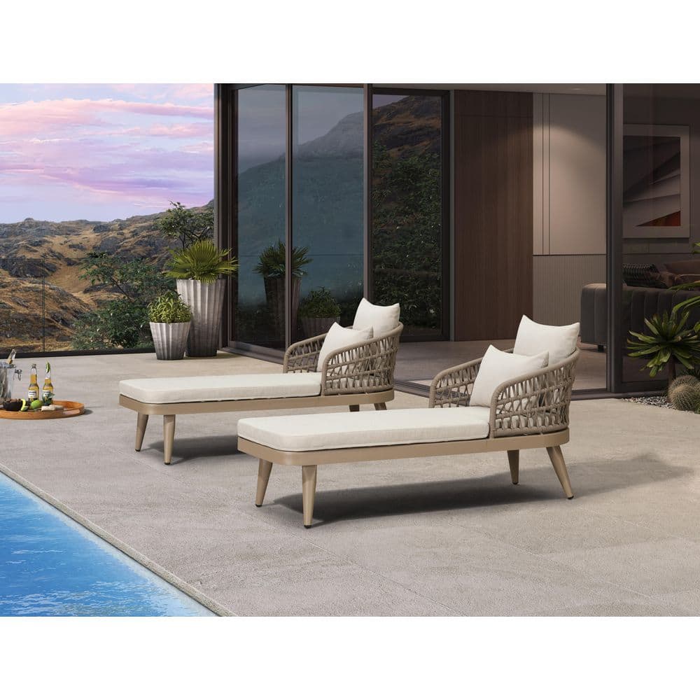 Champagne 2-Piece Patio Chaise Lounge Aluminum Outdoor Day Bed with Beige Cushions for Deck Pool Lawn Garden Backyard price history on PriceWatchPro