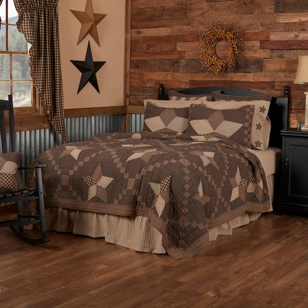 VHC BRANDS Farmhouse Star Charcoal Dark Tan Creme Primitive Patchwork Twin Cotton Quilt