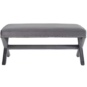 Rivet Gray Upholstered Velvet Bench